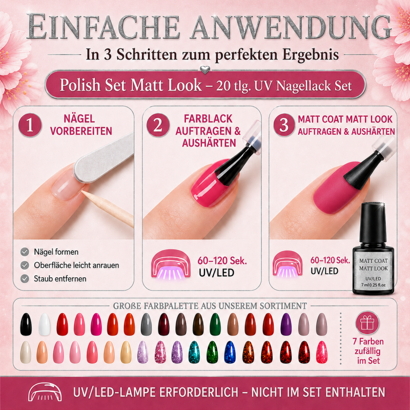 UV Polish Set " Matt Look " – 20-tlg.  UV Nagellack Set mit mattem Top Coat
